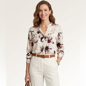 Calvin Klein Cream & Burgundy Floral Long Sleeve Button Down Blouse Size 2X